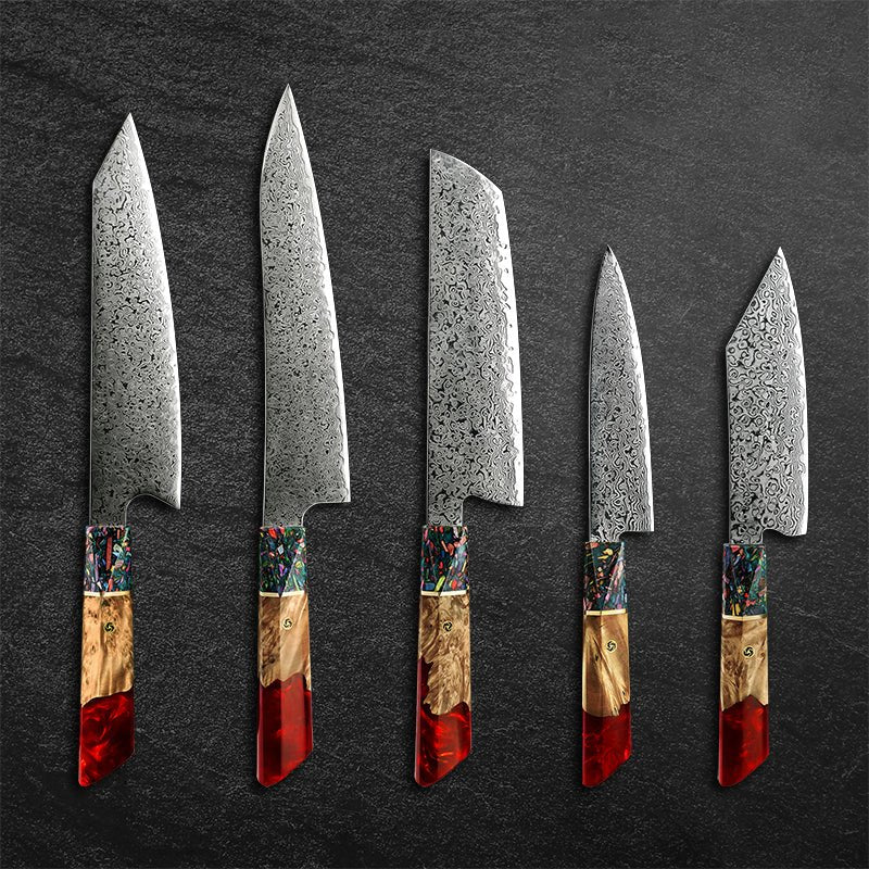Chef Knife Set - Pristine Japanese Chef Knife Set with VG-10 Damascus Steel Exotic Stabilized Olive Wood Handle & Sheath - Shokunin USA