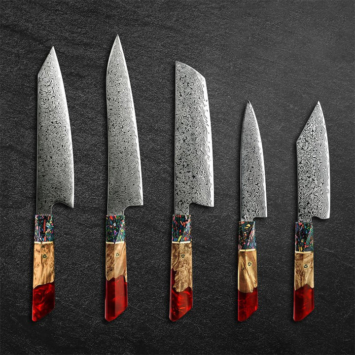 Chef Knife Set - Pristine Japanese Chef Knife Set with VG-10 Damascus Steel Exotic Stabilized Olive Wood Handle & Sheath - Shokunin USA
