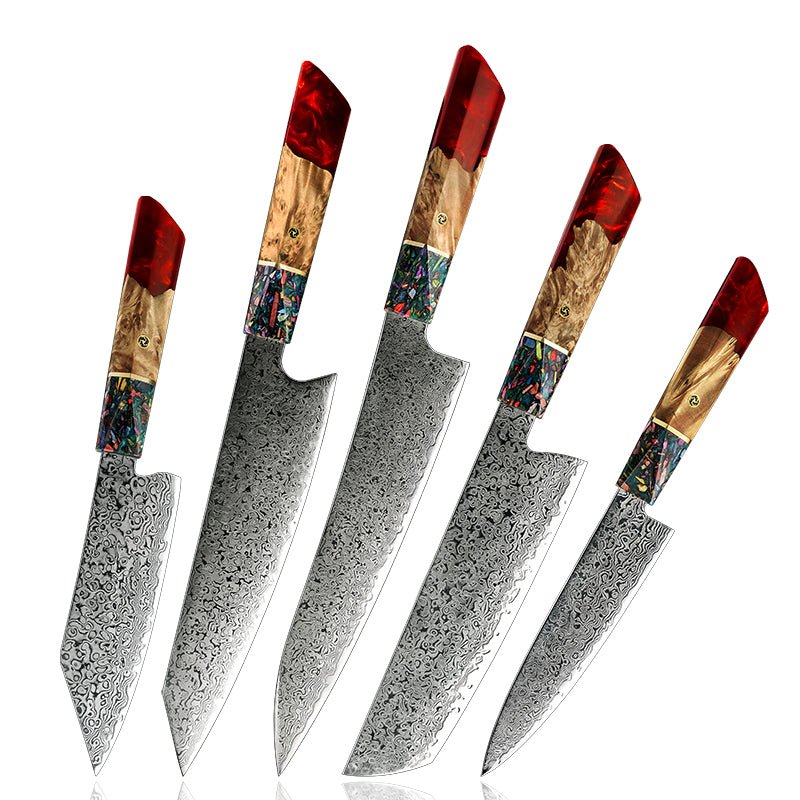 Chef Knife Set - Pristine Japanese Chef Knife Set with VG-10 Damascus Steel Exotic Stabilized Olive Wood Handle & Sheath - Shokunin USA