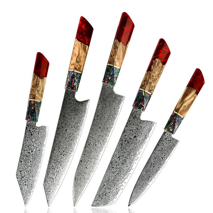 Chef Knife Set - Pristine Japanese Chef Knife Set with VG-10 Damascus Steel Exotic Stabilized Olive Wood Handle & Sheath - Shokunin USA