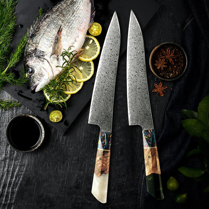 Chef Knife - Pristine Japanese VG10 Damascus Chef Knife with Olive Burl Wood Handle - Shokunin USA