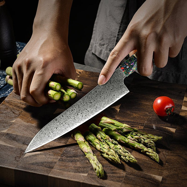 Chef Knife - Pristine Japanese VG10 Damascus Chef Knife with Olive Burl Wood Handle - Shokunin USA
