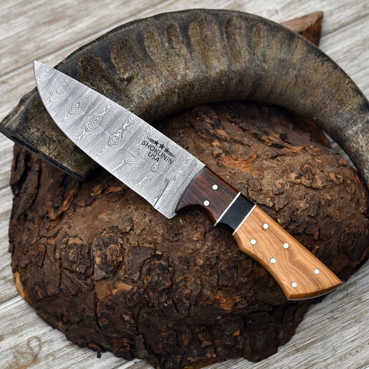 Damascus Knife - Sculptor Camp Knife with Exotic Olive Wood Handle - Shokunin USA