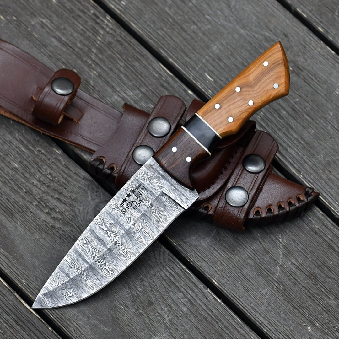 Damascus Knife - Sculptor Camp Knife with Exotic Olive Wood Handle - Shokunin USA