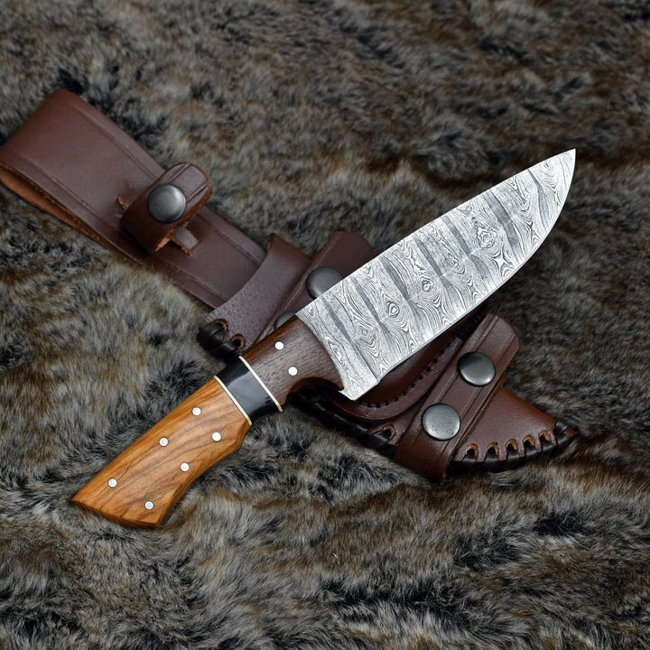 Damascus Knife - Sculptor Camp Knife with Exotic Olive Wood Handle - Shokunin USA