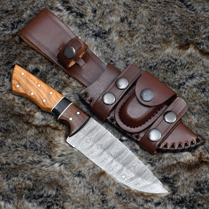 Damascus Knife - Sculptor Camp Knife with Exotic Olive Wood Handle - Shokunin USA