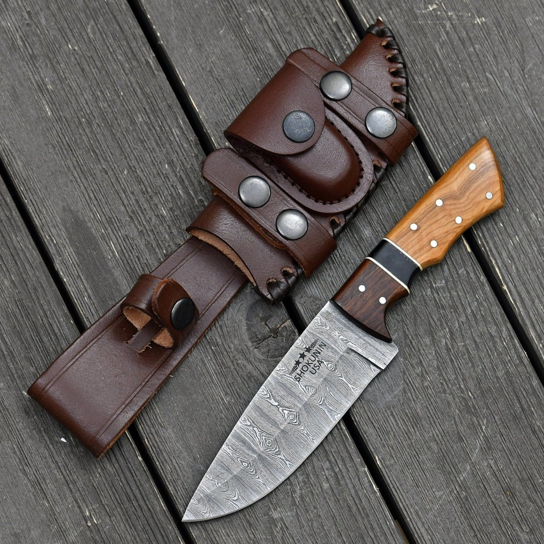 Damascus Knife - Sculptor Camp Knife with Exotic Olive Wood Handle - Shokunin USA