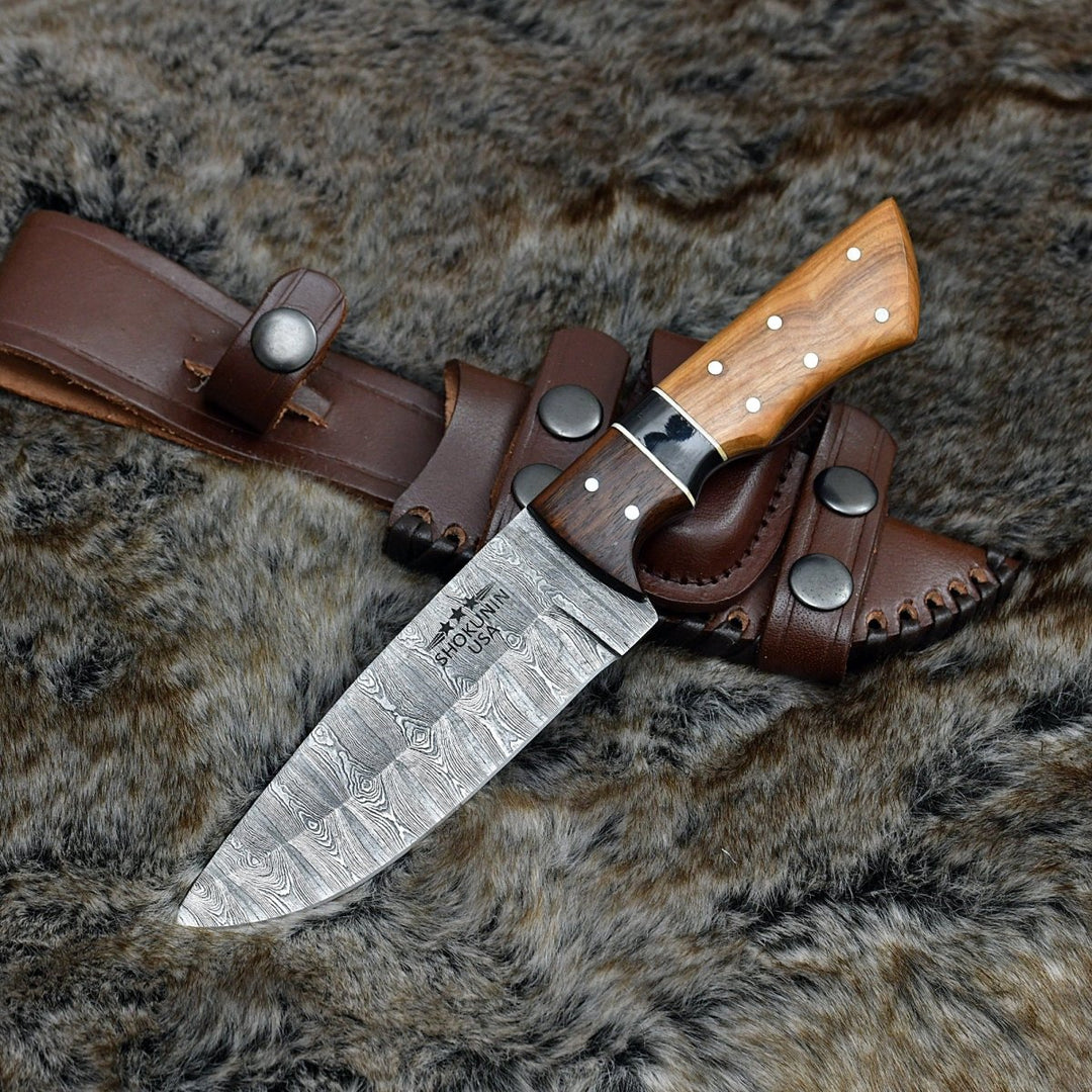 Damascus Knife - Sculptor Camp Knife with Exotic Olive Wood Handle - Shokunin USA