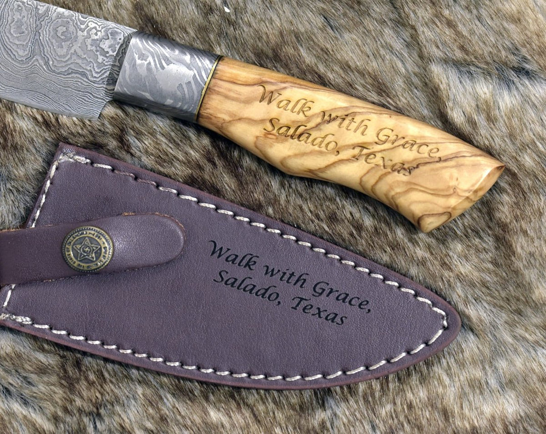 Damascus Knife - Sculptor Camp Knife with Exotic Olive Wood Handle - Shokunin USA