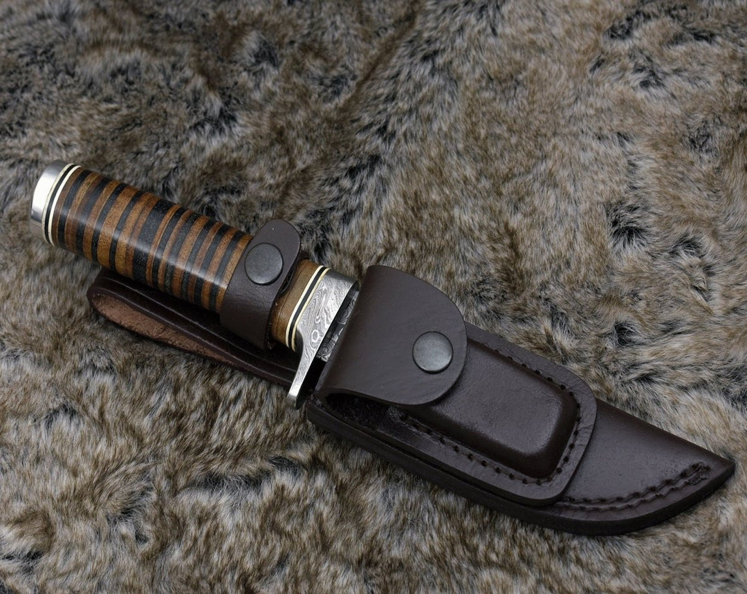Damascus Knife - Serenity Damascus Hunting Knife with Stacked Leather Handle - Shokunin USA