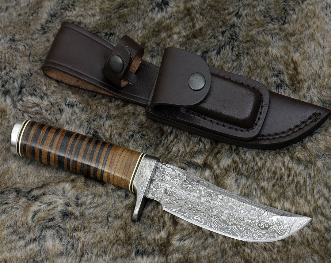 Damascus Knife - Serenity Damascus Hunting Knife with Stacked Leather Handle - Shokunin USA