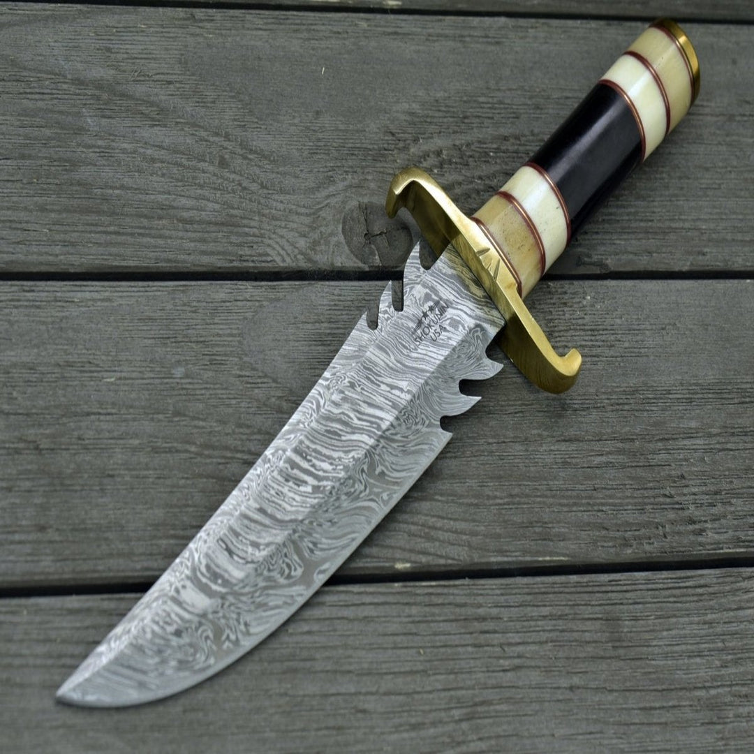Damascus Knife - Damascus Bowie Knife with Bone & Horn Handle - Shokunin USA