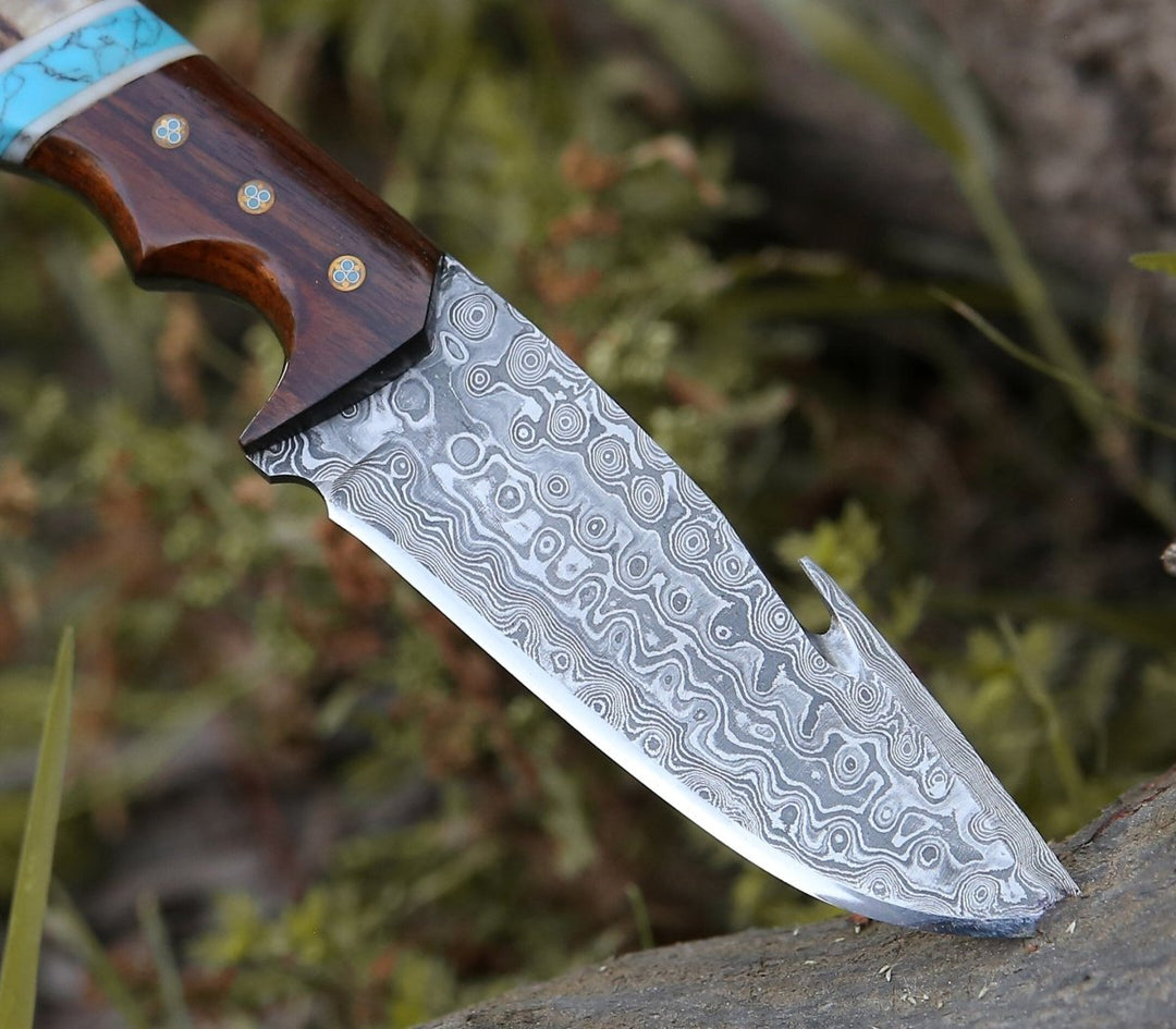 Damascus Knife - Thunder Damascus Gut Hook Knife with Stag Horn, Wenge Wood & Turquoise Handle - Shokunin USA