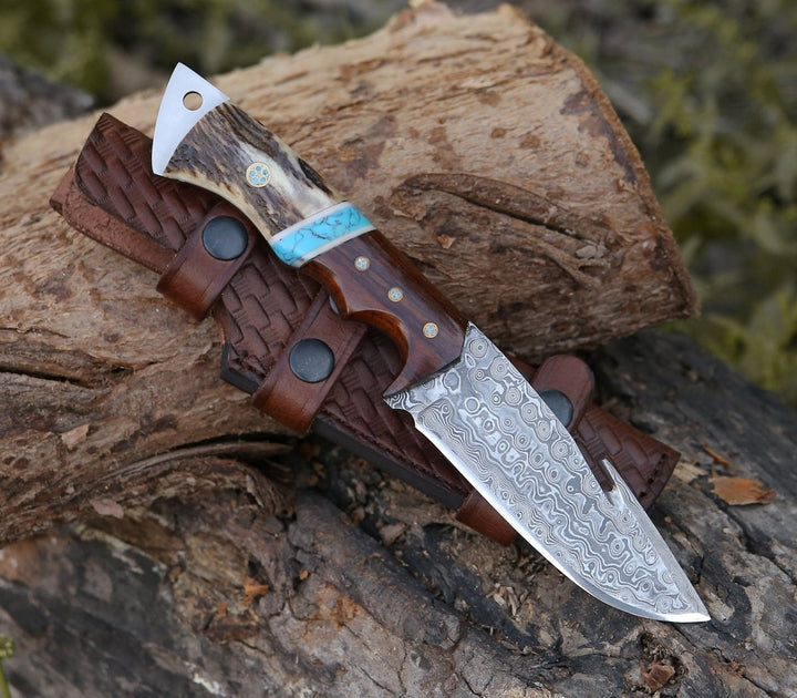 Damascus Knife - Thunder Damascus Gut Hook Knife with Stag Horn, Wenge Wood & Turquoise Handle - Shokunin USA