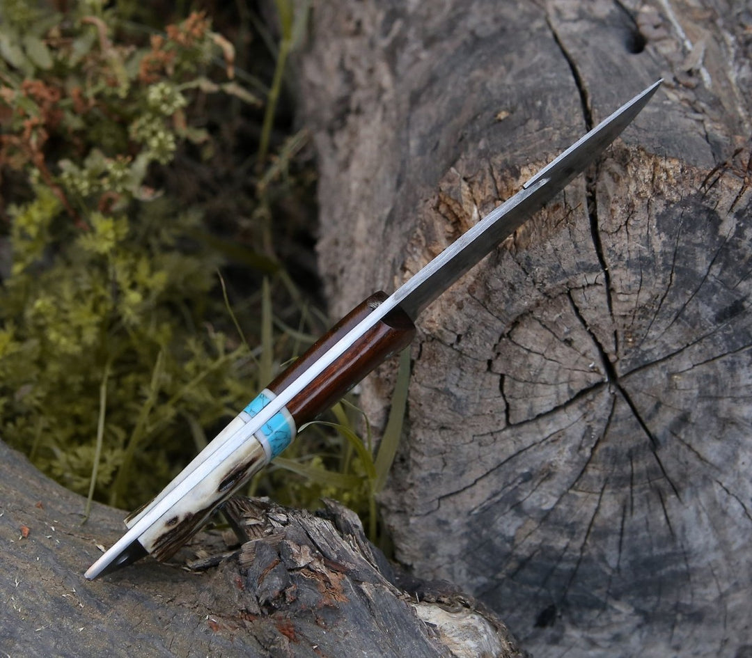 Damascus Knife - Thunder Damascus Gut Hook Knife with Stag Horn, Wenge Wood & Turquoise Handle - Shokunin USA