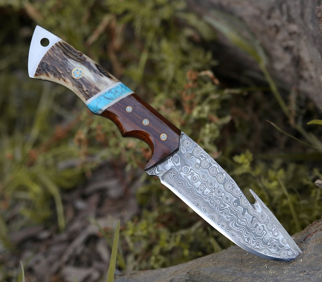 Damascus Knife - Thunder Damascus Gut Hook Knife with Stag Horn, Wenge Wood & Turquoise Handle - Shokunin USA