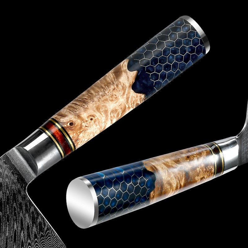 Cleaver knives - Yamato VG10 Damascus Cleaver Knife with Exotic Olive Wood & Honeycomb Composite Handle - Shokunin USA