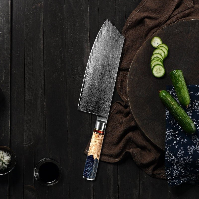 Cleaver knives - Yamato VG10 Damascus Cleaver Knife with Exotic Olive Wood & Honeycomb Composite Handle - Shokunin USA