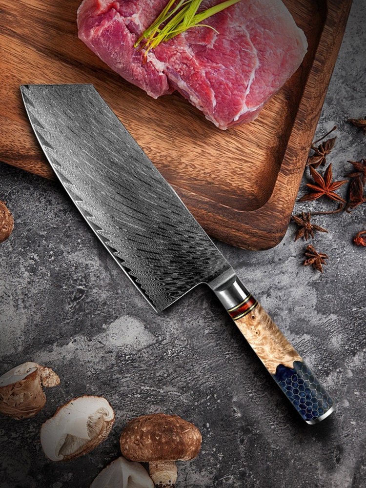 Cleaver knives - Yamato VG10 Damascus Cleaver Knife with Exotic Olive Wood & Honeycomb Composite Handle - Shokunin USA