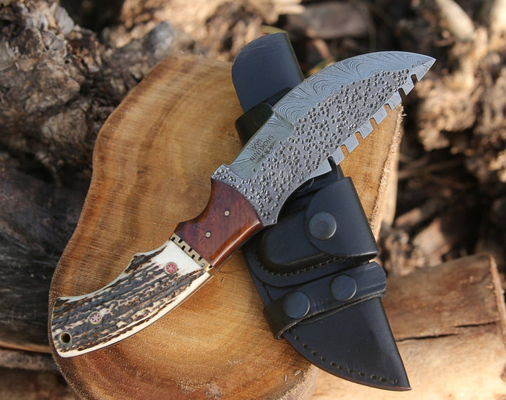 Utility Knife - Zeus Tracker Knife with Antler & Rose wood Handle - Shokunin USA