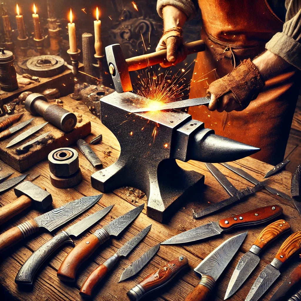 Artisan crafting handmade knife on workbench