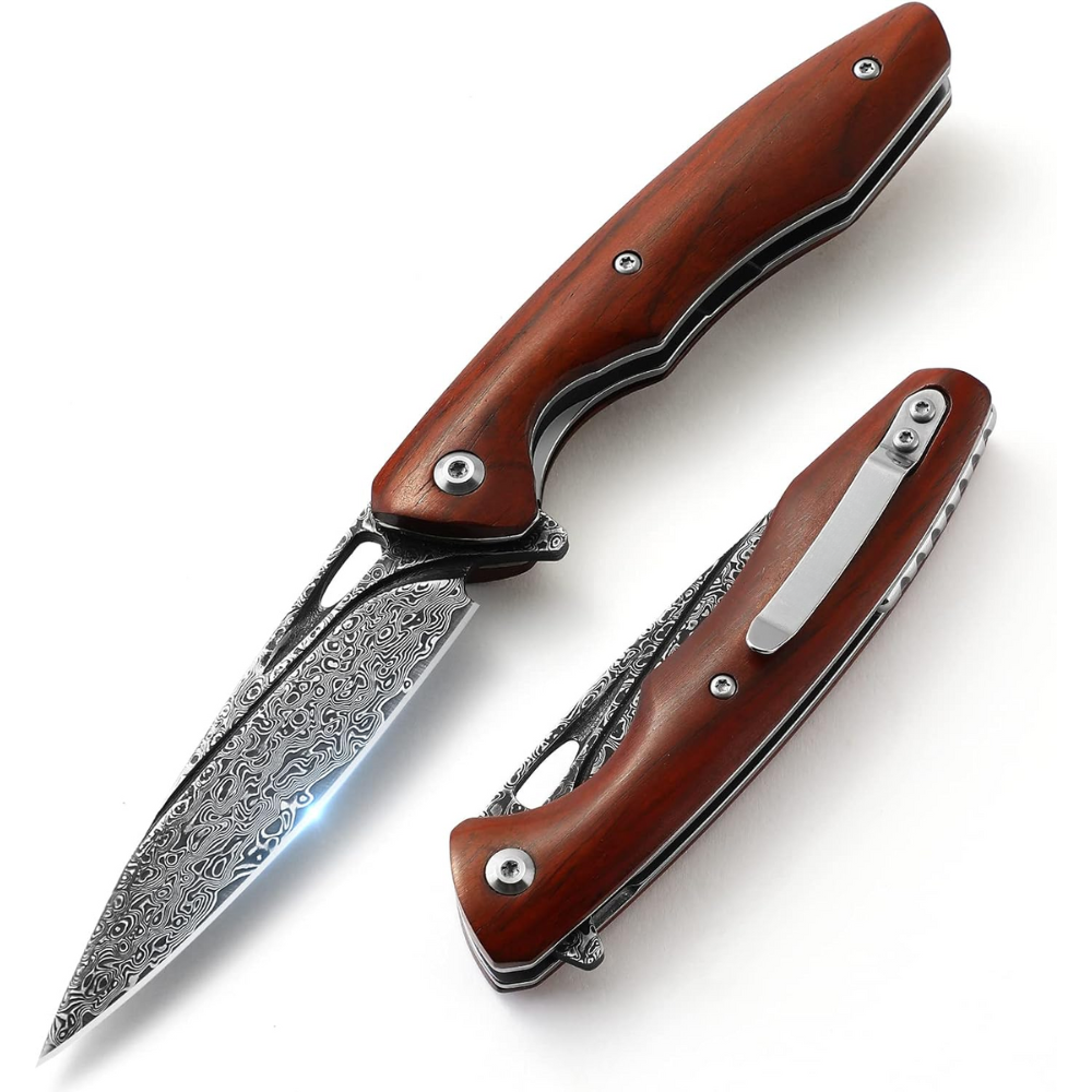 Engraved Pocket Knives – Quicksilver Handmade Japanese Damascus Pocket Knife with Exotic Red Sandalwood Handle – Shokunin USA