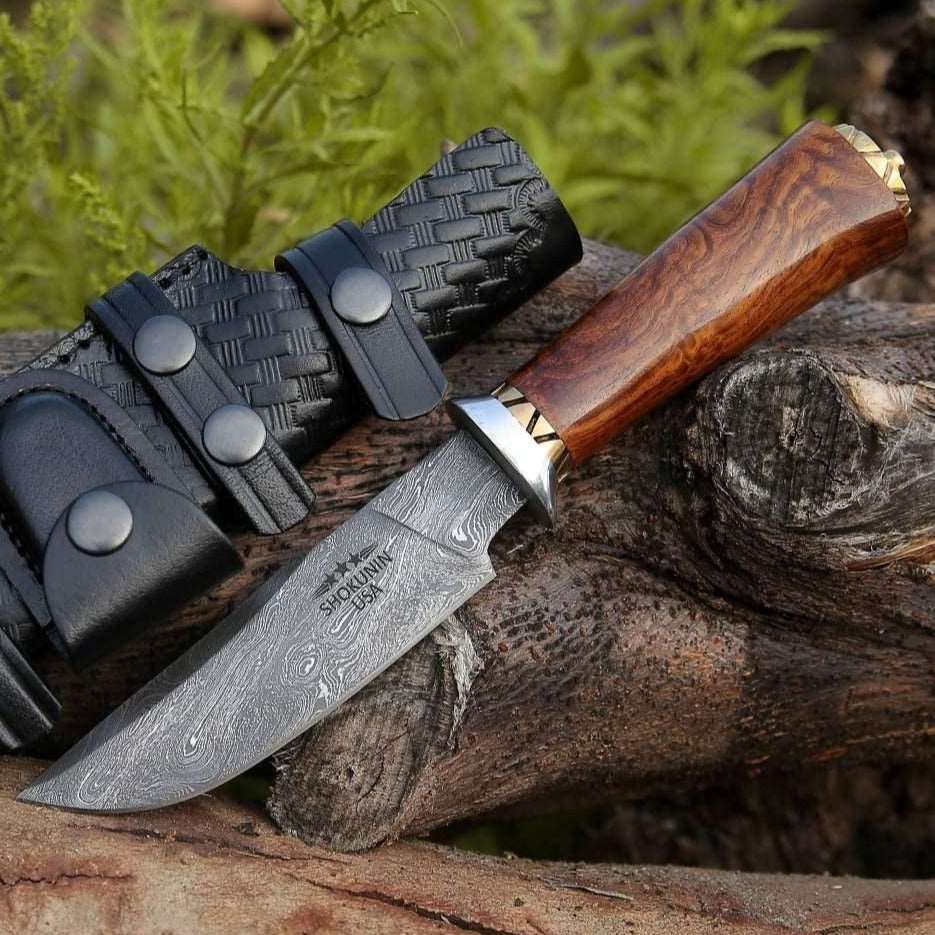 Engraved Hunting Knives – Holy Defender Damascus Hunting Knife with Exotic Rose Wood Handle – Shokunin USA