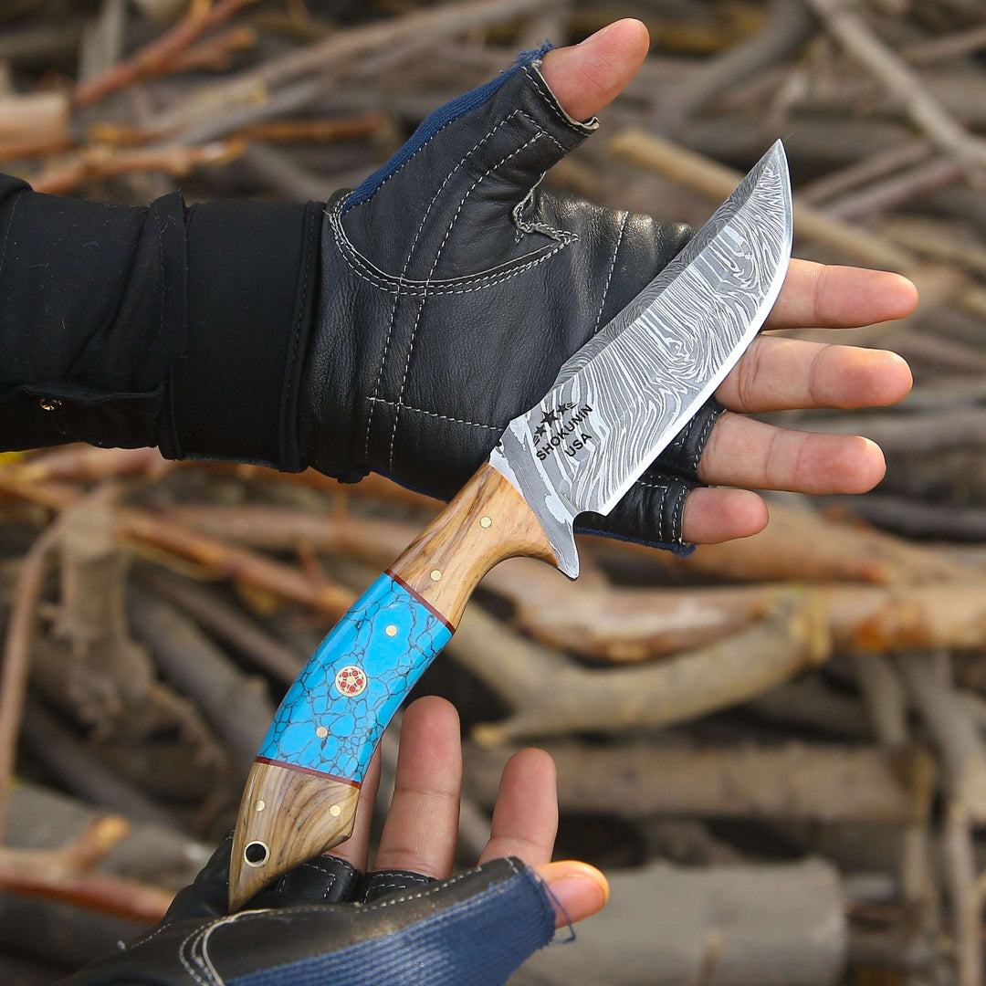Flo Knives - Flo Damascus Hunting Knife with Exotic Olive Wood &amp; Turquoise Handle - Shokunin USA