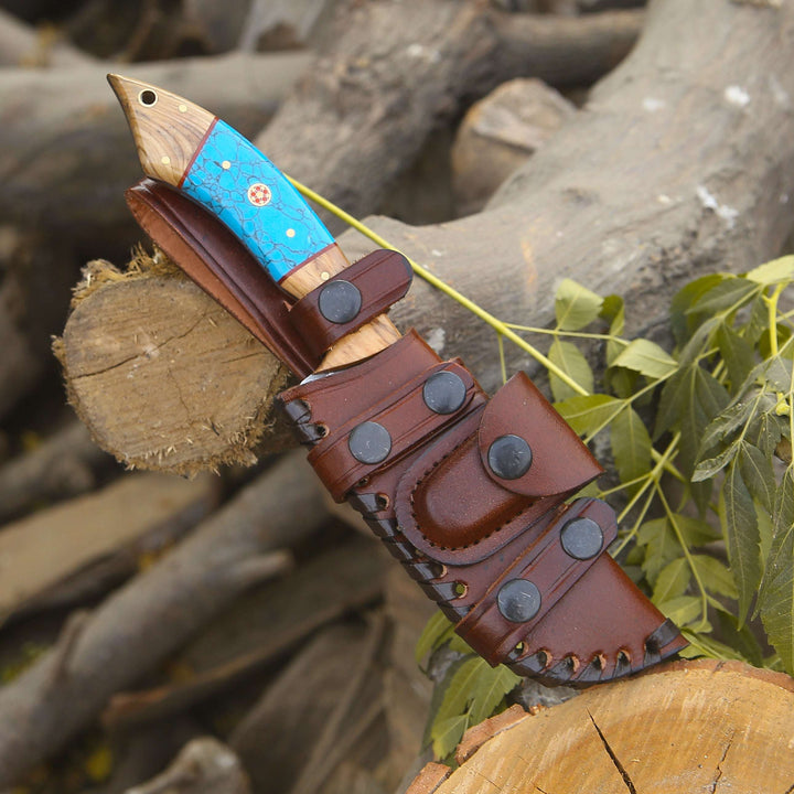 Flo Damascus Knife - Flo Damascus Hunting Knife with Exotic Olive Wood &amp; Turquoise Handle - Shokunin USA
