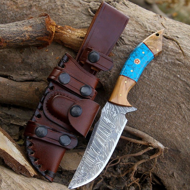 Flo Hunting Knife - Flo Damascus Hunting Knife with Exotic Olive Wood &amp; Turquoise Handle - Shokunin USA