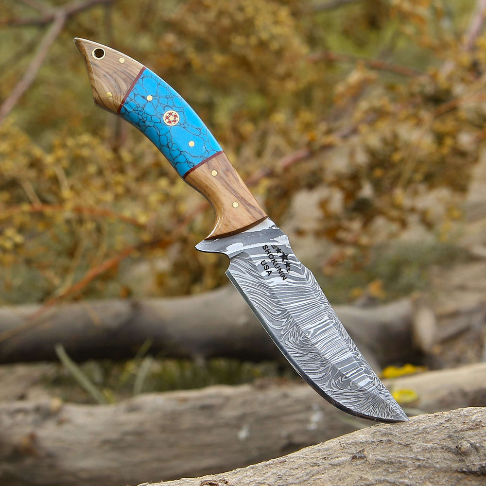 Hunting Knife - Flo Damascus Hunting Knife with Exotic Olive Wood & Turquoise Handle - Shokunin USA