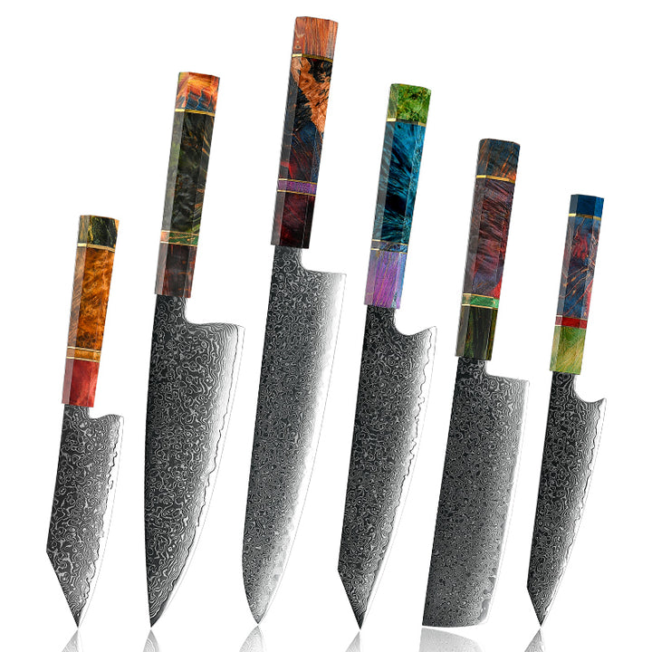 chef knife set - Spectrum Knife Set 6 Piece VG10 Damascus Steel with Exotic tie-dye-Stained Olive Burl Wood Handle - Shokunin USA