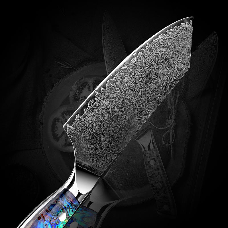 Unique Santoku Knives - Ronin VG10 Damascus Cleaver Knife with Exotic Abalone Shell Composite Handle - Shokunin USA