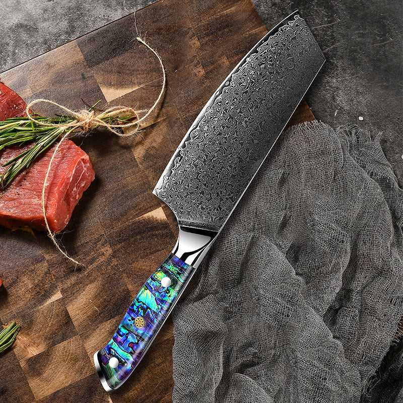 Custom Cleaver - Ronin VG10 Damascus Cleaver Knife with Exotic Abalone Shell Composite Handle - Shokunin USA