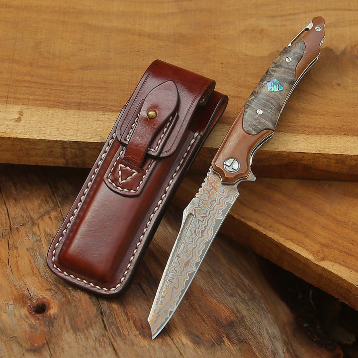 Elite Handmade Japanese VG-10 Copper Damascus Pocket Knife with Stained Maple Burl Handle & Sheath