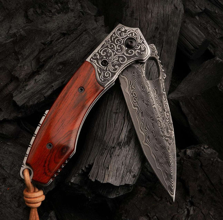 Starchaser Knife - Starchaser Japanese Damascus Pocket Knife with Exotic Sandal Wood Handle - Shokunin USA