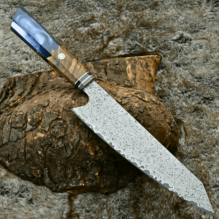personalized handmade kitchen knives - Aurora Japanese Chef Knife with Exotic Olive Burl Wood &amp; Resin Composite Handle - Shokunin USA