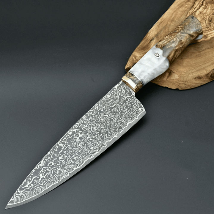 Chef Knife - Shinobi VG10 Chef Knife with Exotic Olive Wood &amp; Mother of Pearl Handle - Shokunin USA