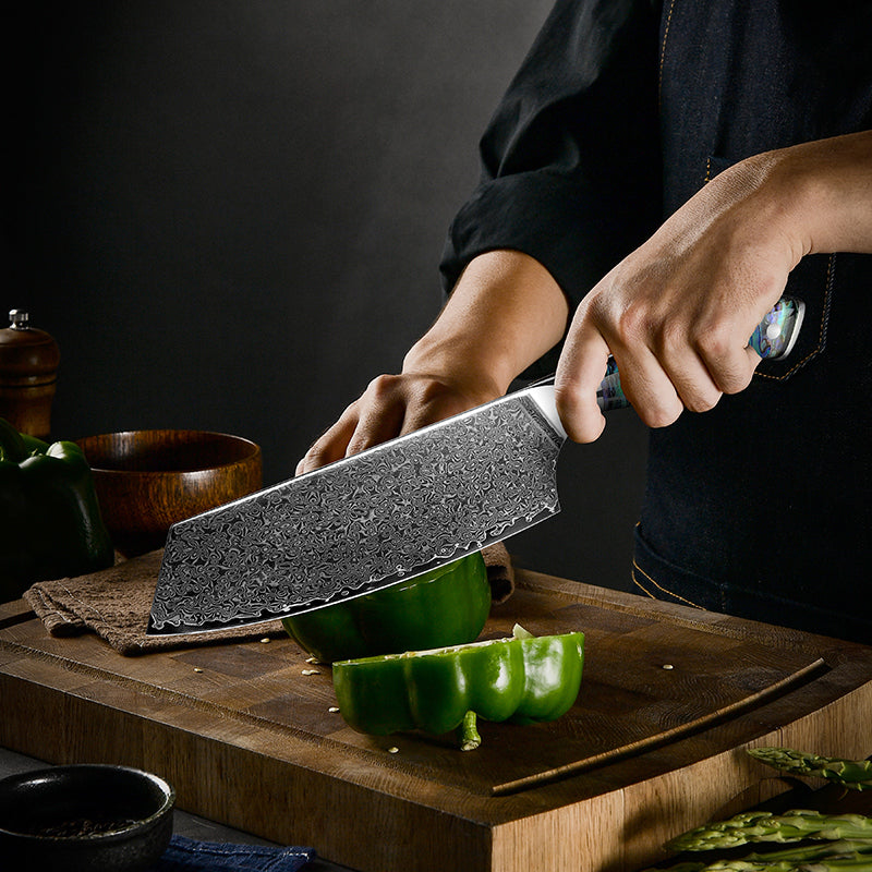 Custom Cleaver Knife - Ronin VG10 Damascus Cleaver Knife with Exotic Abalone Shell Composite Handle - Shokunin USA