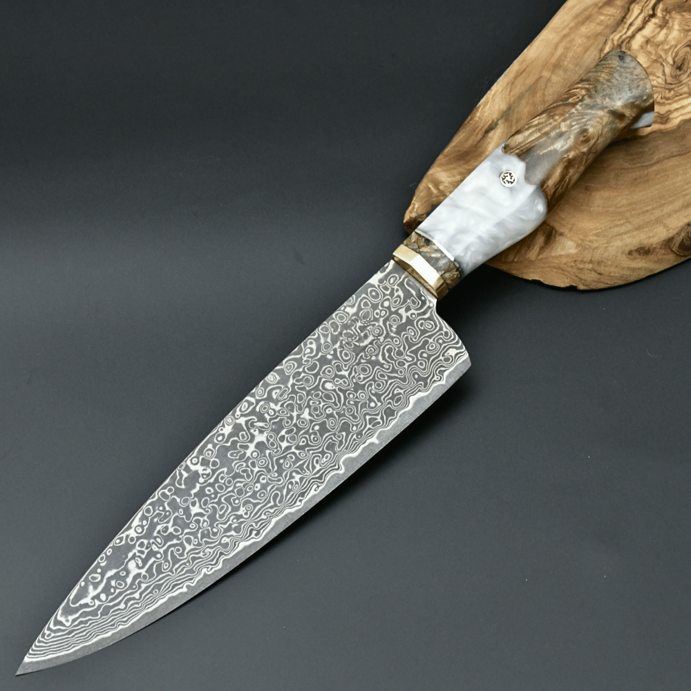 Chef Knife - Shinobi VG10 Chef Knife with Exotic Olive Wood & Mother of Pearl Handle - Shokunin USA