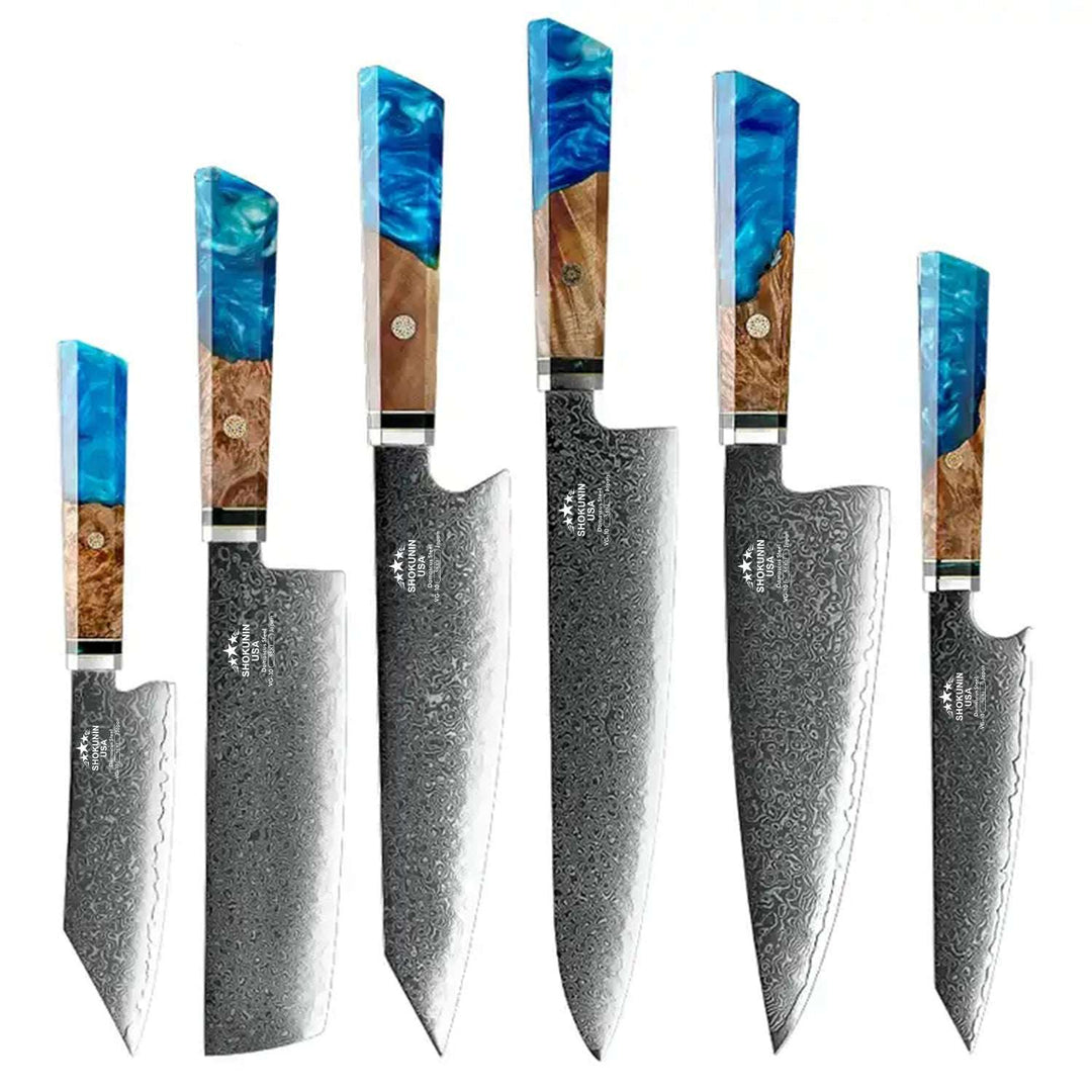 chef knife set - Brilliance Japanese Knife Set with VG-10 Damascus Steel Blades &amp; Exotic Olive Burl Wood &amp; Resin Handle - Shokunin USA
