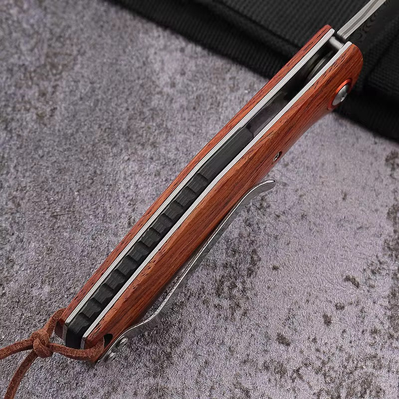 Damascus Knife - Dominator Japanese VG10 Damascus Pocket Knife with Sandalwood Handle &amp; Sheath - Shokunin USA