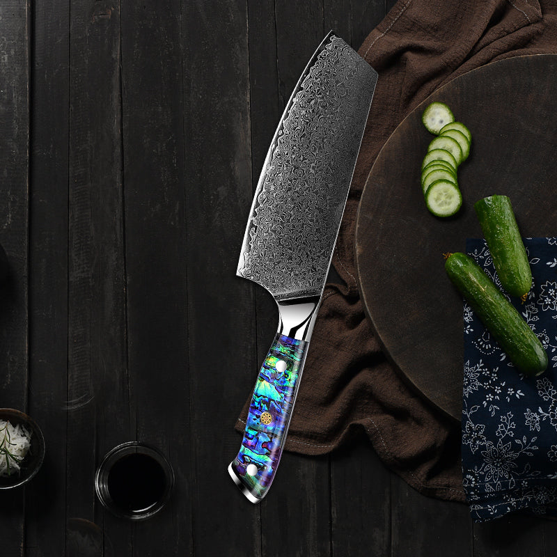 Cleaver knives - Ronin VG10 Damascus Cleaver Knife with Exotic Abalone Shell Composite Handle - Shokunin USA