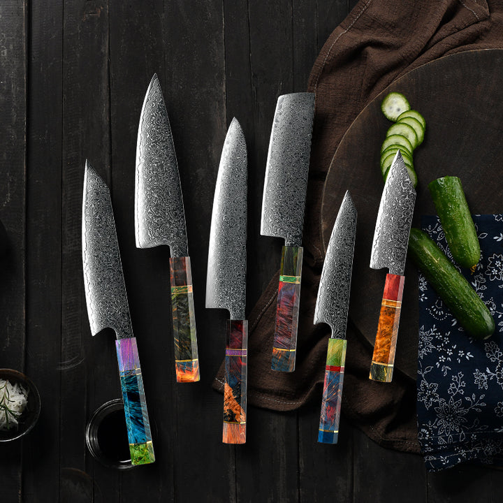 chef knife set - Spectrum Knife Set 6 Piece VG10 Damascus Steel with Exotic tie-dye-Stained Olive Burl Wood Handle - Shokunin USA