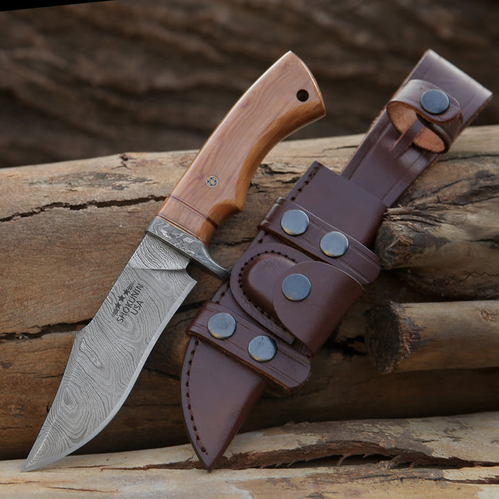 Damascus Knife - Avatar Damascus Hunting Knife with Exotic Olive Wood Handle - Shokunin USA