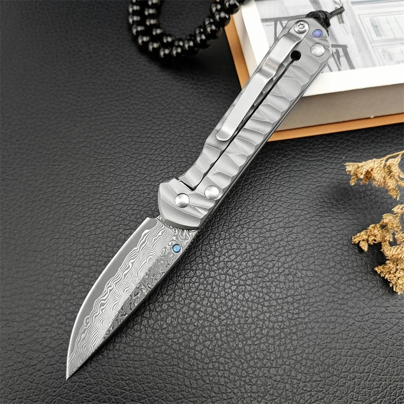 EDC Knife - Diamond Japanese EDC Pocket Knife with VG10 Damascus Blade, Titanium Handle &amp; Sheath - Shokunin USA