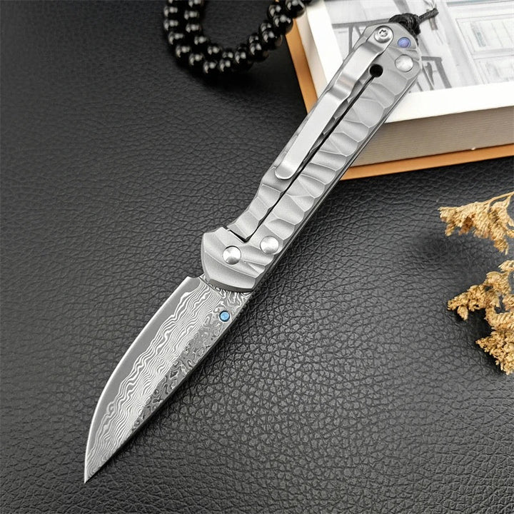 EDC Knife - Diamond Japanese EDC Pocket Knife with VG10 Damascus Blade, Titanium Handle &amp; Sheath - Shokunin USA
