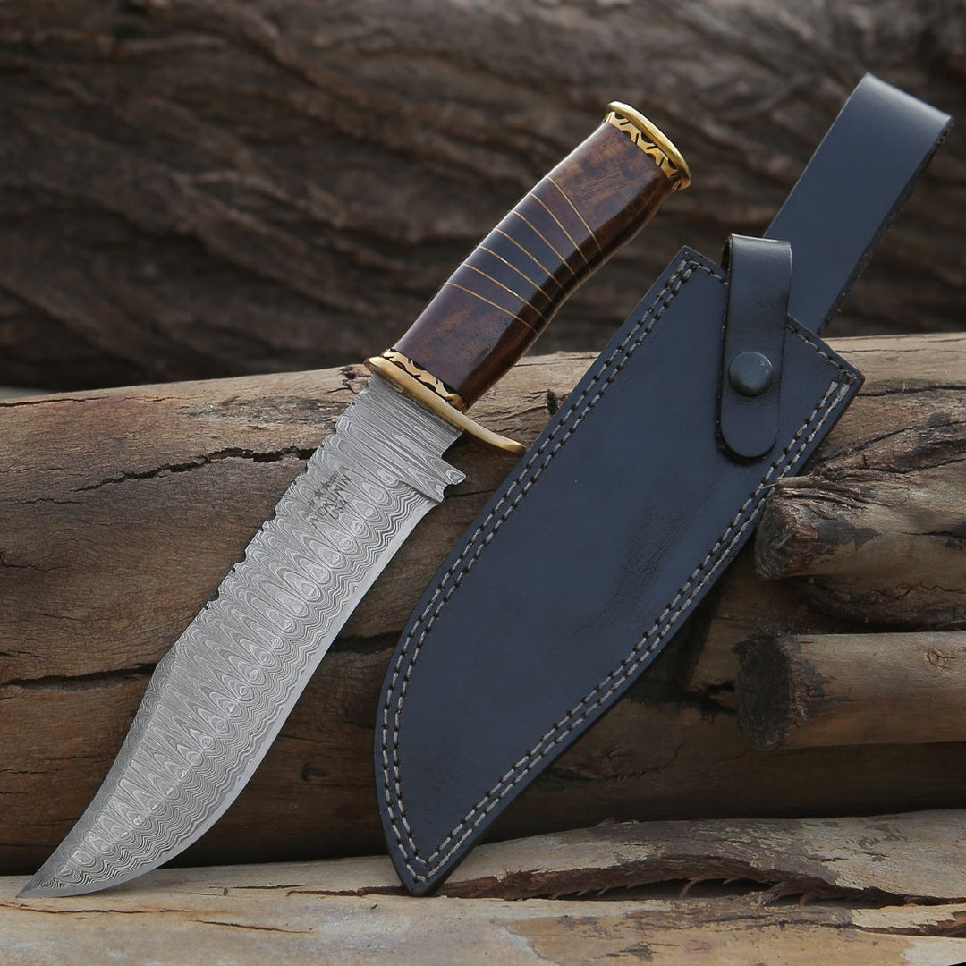 Utility Knife - Surge Damascus Bowie Knife with Rosewood Mosaic Handle - Shokunin USA