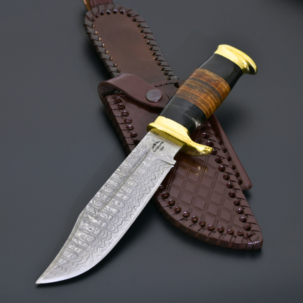 Damascus Knife - Darkstar Bowie Knife with Bull Horn & Stacked Leather Composite Handle - Shokunin USA