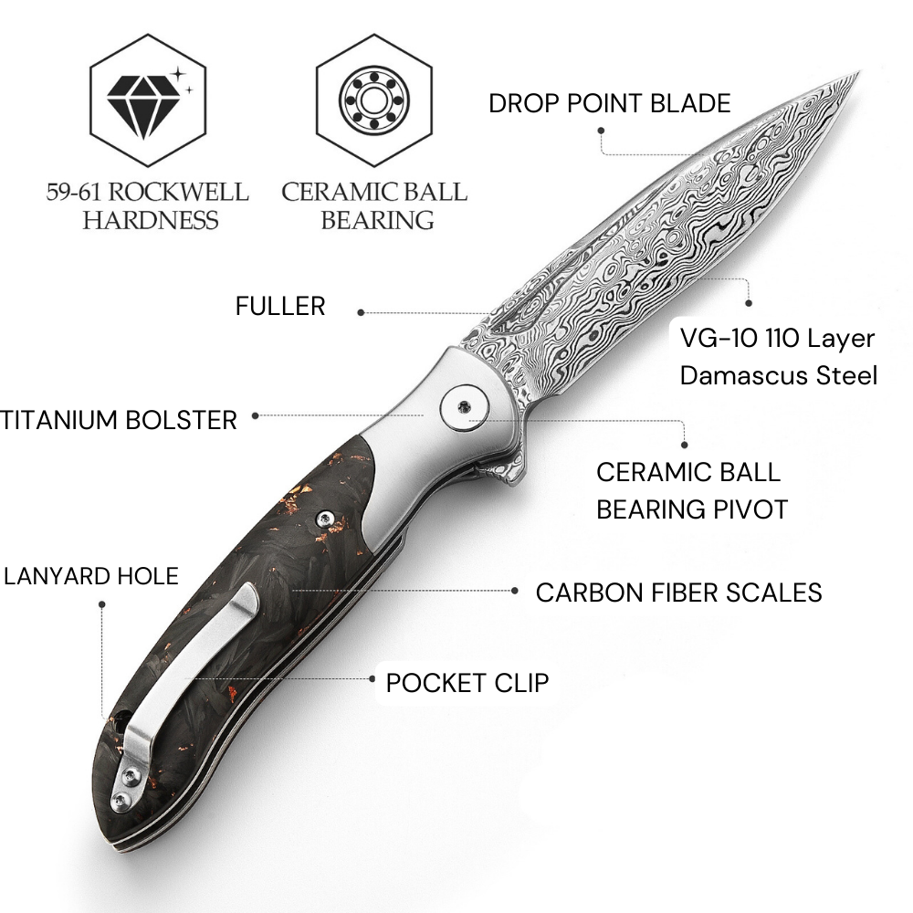 Damascus Knife - Raven VG10 Ultralight Folding Pocket Knife with Titanium & Carbon Fiber Handle - Shokunin USA